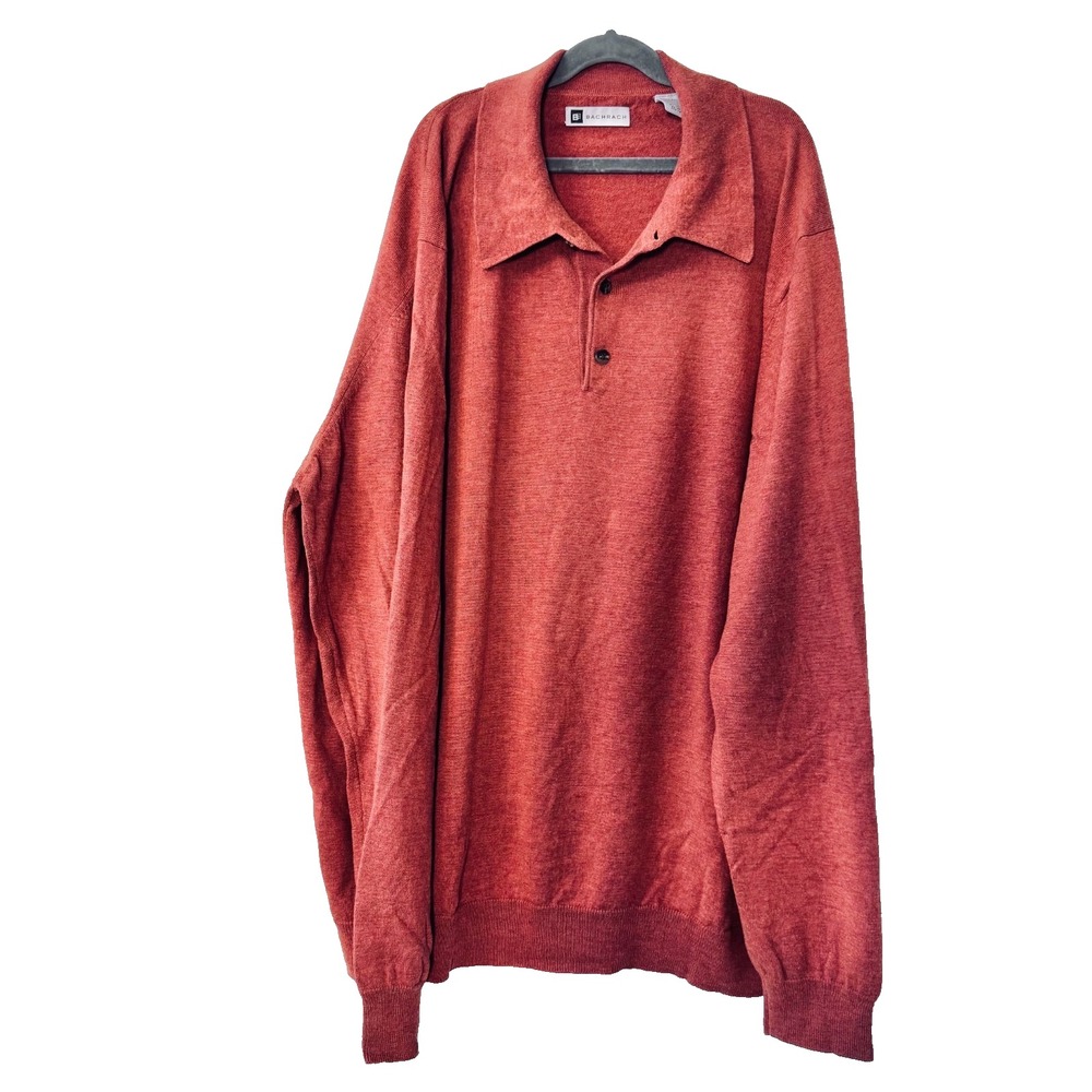 Bachrach Size XXL Merino Wool Silk Polo Sweater Rust Burnt Orange Quiet Luxury